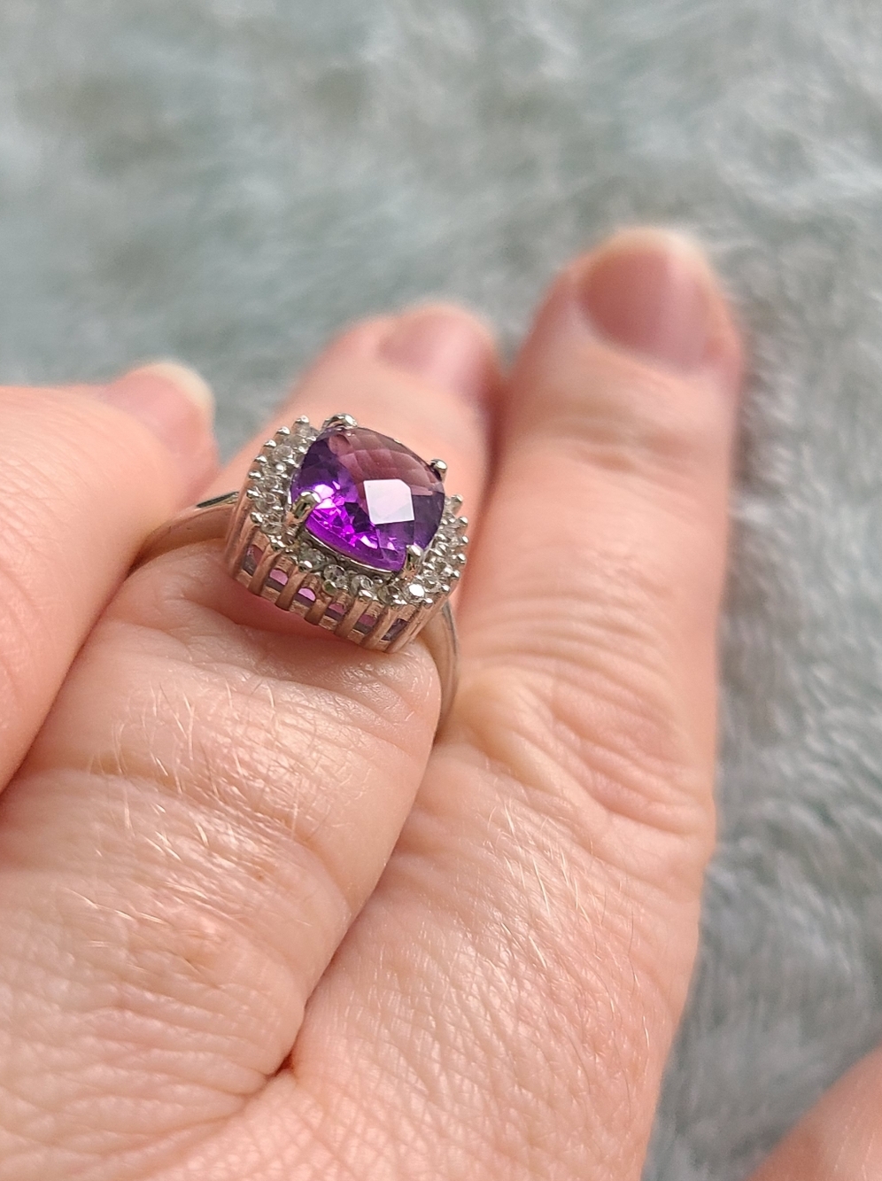 Amethyst Sterling Ring With White Zircon Halo - Picture 3 of 7